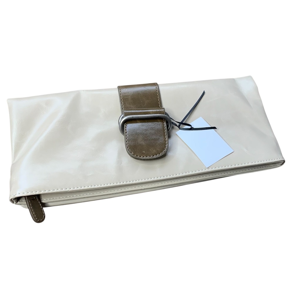 Shiraleah Ivory Distressed clutch purse w olive green trim faux buckle detail